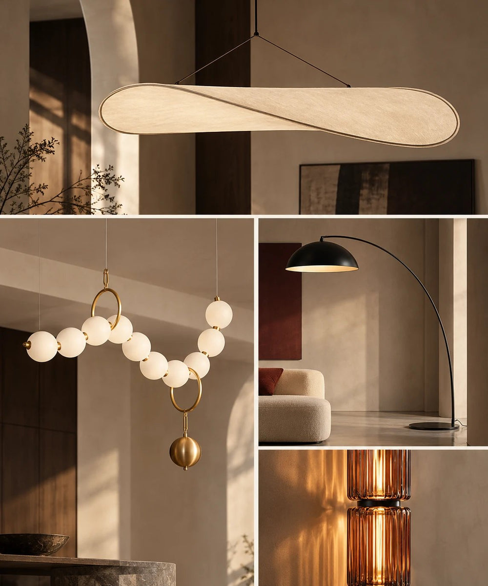 Composition de luminaires : suspension en tissu, suspension en perles opalines et laiton, lampadaire arc noir, lampe en verre ambré