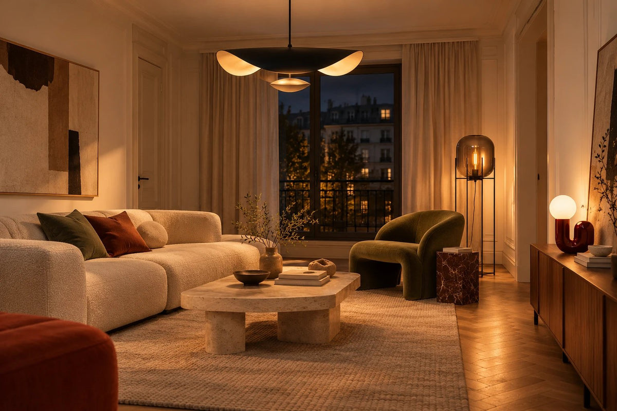 Salon le soir éclairé par trois lumières : une suspension au plafond pour la lumière générale, un lampadaire près du fauteuil pour la lumière fonctionnelle, une lampe posée sur le buffet pour la lumière d'ambiance