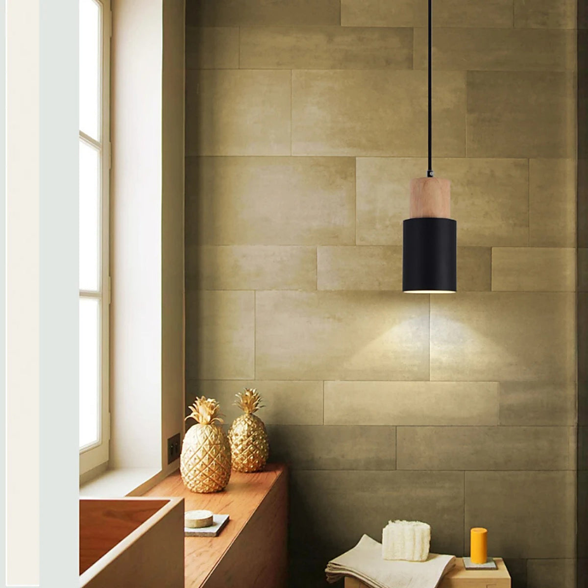 Plafonnier tube suspendu en bois et métal au design nordique — plafonnier Plafonniers Design